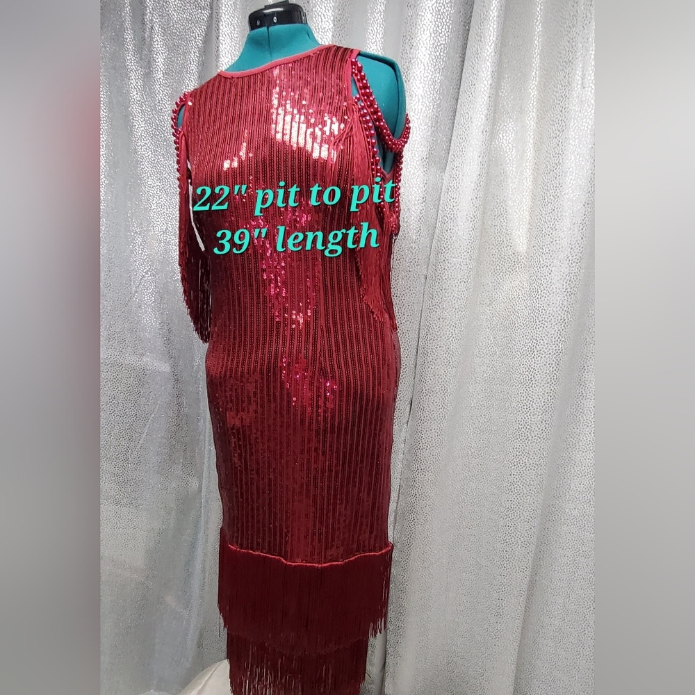 Sequin Fringe Red Party Dress Tassels 1920s Flapper Elegant Red Sequin Dress - Picture 7 of 11